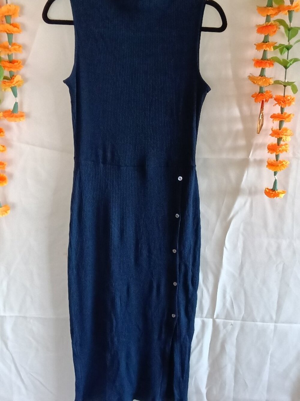 Amour Vert Paris Rib Sleeveless Button Detail Dress Navy Medium
